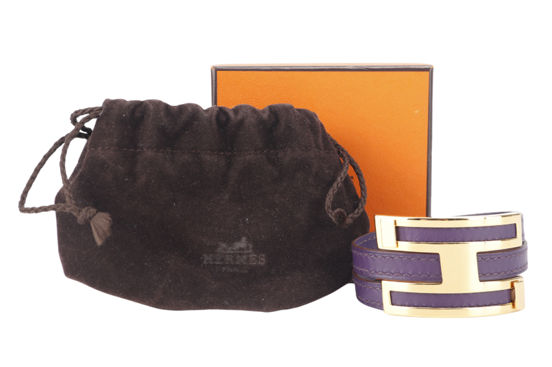 HERMES POUSSE-POUSSE BRACELET IRIS PURPLE SWIFT LEATHER STAMP Q SQUARE (YEAR 2013) GOLD HARDWARE WITH DUST COVER AND BOX