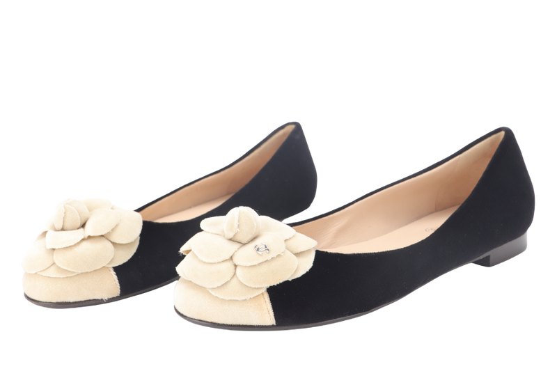 CHANEL BALLERINA FLATS BLACK VELVET SIZE 37C WITH DUST COVER