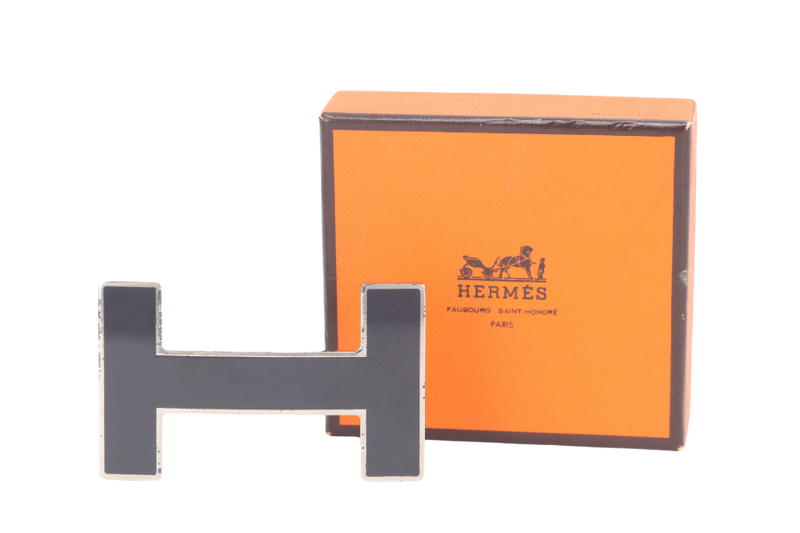 HERMES H BUCKLE BLACK ENAMEL WITH BOX