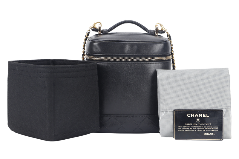 CHANEL VINTAGE VANITY CASE (411xxxx) BLACK LAMBSKIN LEATHER GOLD HARDWARE WITH THIRD PARTY CHAIN, COMPARTMENT AND CARD