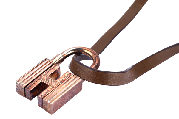 HERMES TOUREG SV925 H LOCK TRIBE NECKLACE WITH KHAKI LEATHER STRAP
