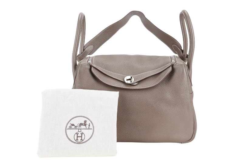 HERMES LINDY 34 STAMP R SQUARE (YEAR 2014) ETOUPE CLEMENCE LEATHER SILVER HARDWARE WITH DUST COVER