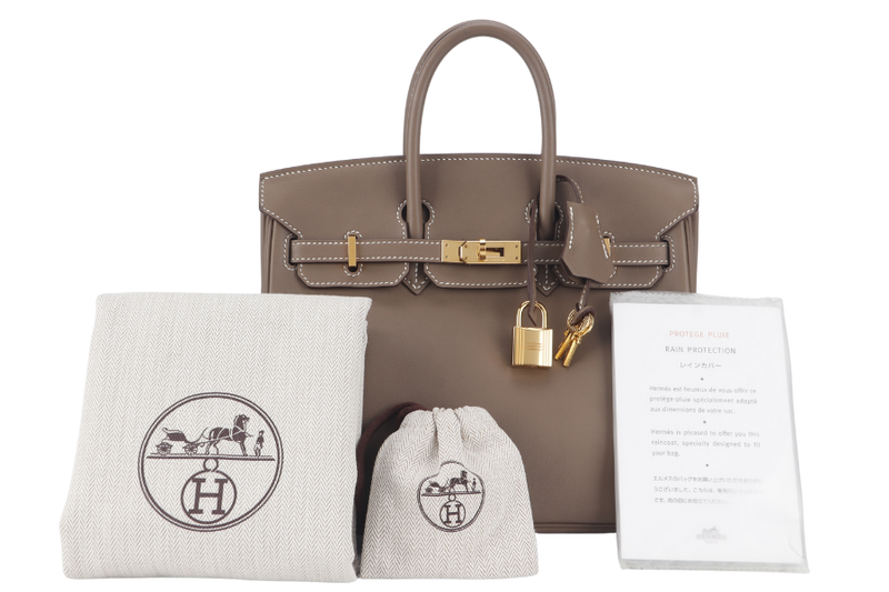 HERMES BIRKIN 25 STAMP X (YEAR 2016) ETOUPE SWIFT LEATHER GOLD HARDWARE WITH KEYS&LOCK, RAINCOAT AND DUST COVER