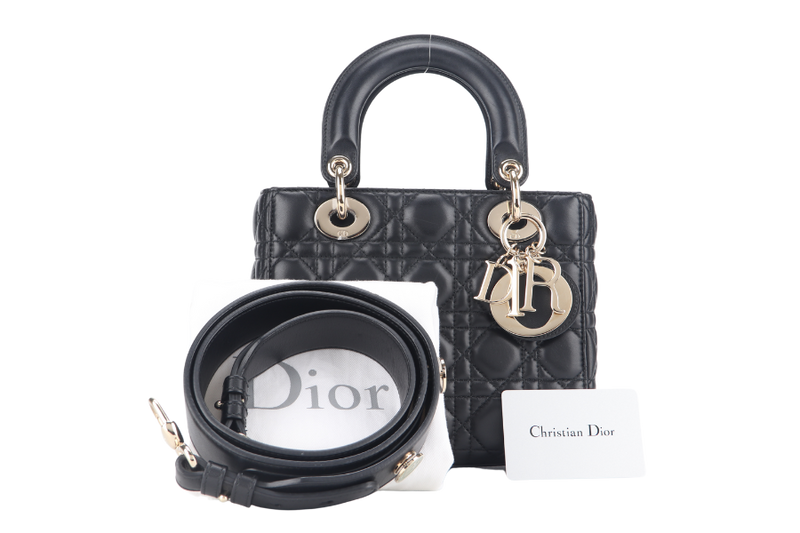 CHRISTIAN DIOR SMALL LADY DIOR BLACK LAMBSKIN GOLD HARDWARE WITH ICONS STRAPS AND DUST COVER
