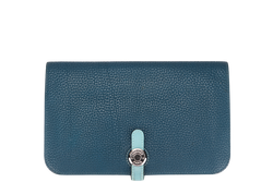 HERMES DONGON DUO WALLET (STAMP X) YEAR 2016 BLUE TOGO LEATHER PALLADIUM HARDWARE NO DUST COVER & BOX