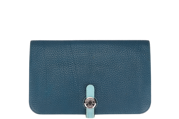 HERMES DONGON DUO WALLET (STAMP X) YEAR 2016 BLUE TOGO LEATHER PALLADIUM HARDWARE NO DUST COVER & BOX