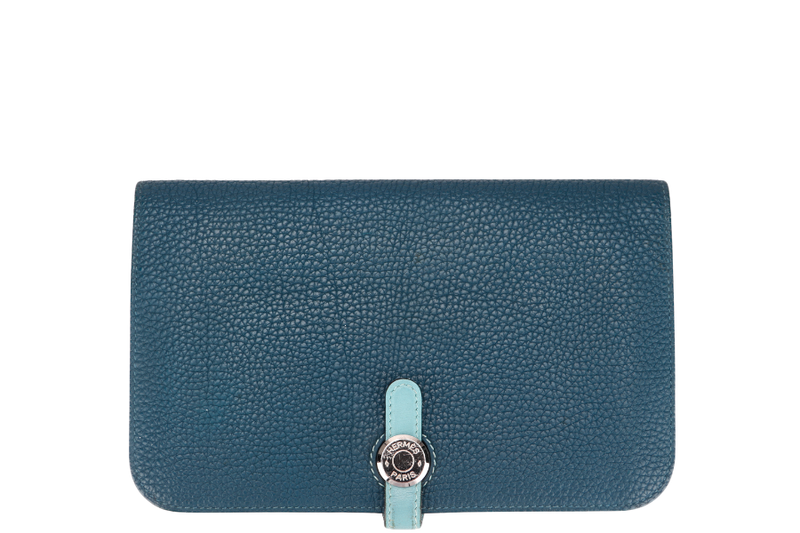 HERMES DONGON DUO WALLET (STAMP X) YEAR 2016 BLUE TOGO LEATHER PALLADIUM HARDWARE NO DUST COVER & BOX