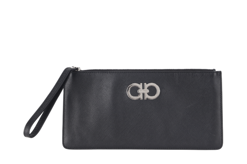 SALVATOR FERRAGAMO WOMAN BLACK SAFFIANO LEATHER WRISTLET WALLET (AU-22-B202) NO DUST COVER