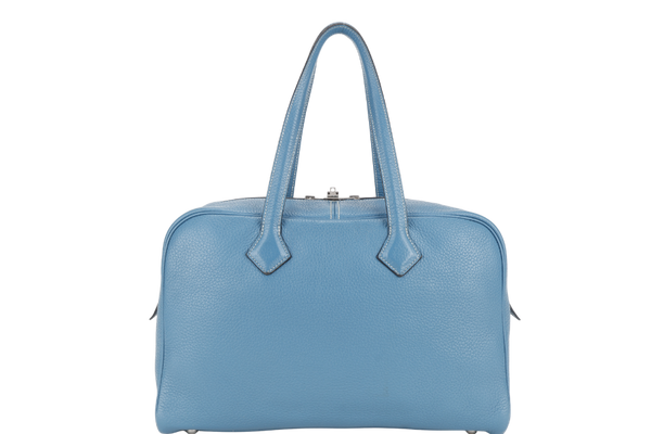 HERMES VICTORIA 36CM STAMP Q (YEAR 2013) BLUE COLVERT CLEMENCE LEATHER SILVER HARDWARE WITH DUST COVER