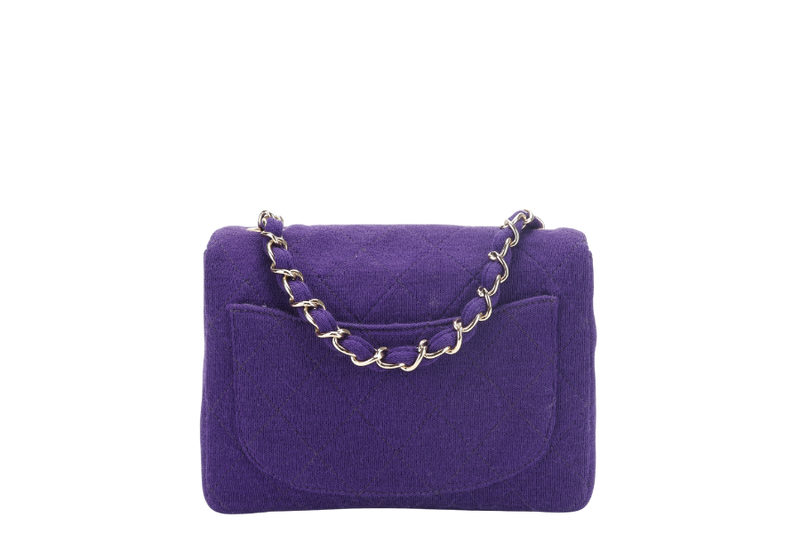 CHANEL CLASSIC FLAP MINI SQUARE (648xxxx) PURPLE JERSEY GOLD HARDWARE WITH DUST COVER AND CARD