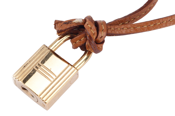 HERMES GOLD PLATED LOCK (Ref.127) NECKLACE WITH BROWN LEATHER STRAP