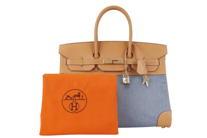 HERMES BIRKIN 35 BARENIA AND DENIM GOLD HARDWARE STAMP I (2005) WITH KEYS&LOCK AND DUST COVER