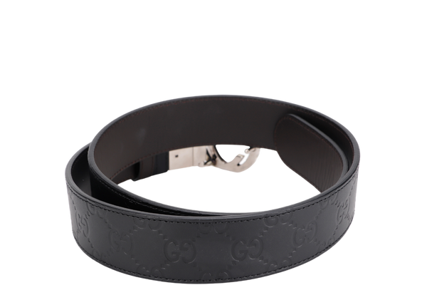 GUCCI 473030 CWCWN 214351 REVERSIBLE BLACK GUCCI SIGNATURE BELT, WITH DUST COVER & BOX