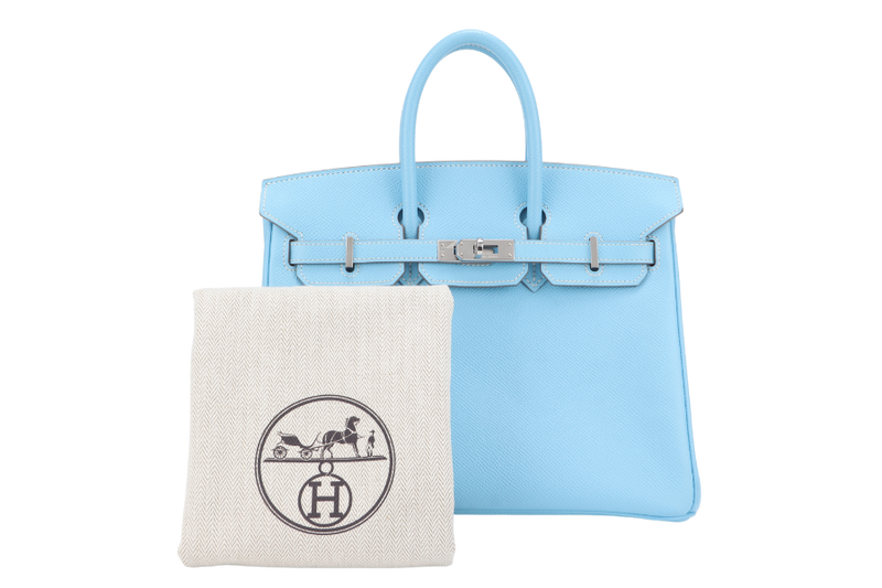 HERMES BIRKIN 25 BLUE CELESTE, BLUE THALASSA EPSOM LEATHER SILVER HARDWARE STAMP O (YEAR 2011) NO KEYS, NO LOCK WITH DUST COVER