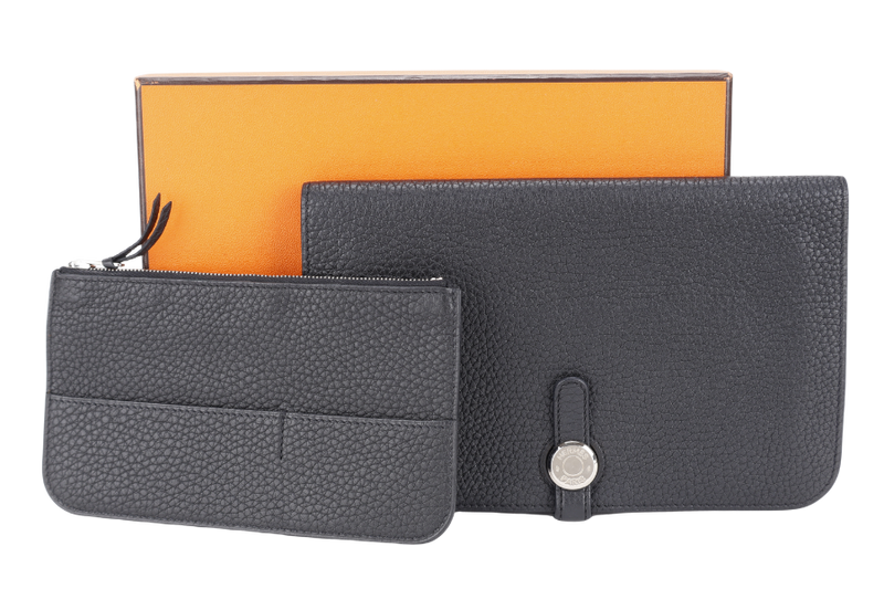 HERMES DOGON DUO WALLET STAMP O SQUARE (YEAR 2011) NOIR TOGO LEATHER SILVER HARDWARE WITH BOX