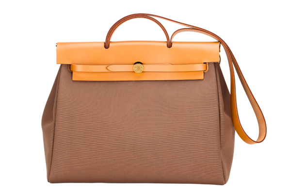 HERMES HERBAG ZIP RETOURNE 39 NATUREL SABLE COLOR VERSO TOILE OFFICER BICOLORE & ETOUPE-DUNE COLOR VACHE HUNTER GOLD HARDWARE WITH KEYS&LOCK, DUST COVER & BOX