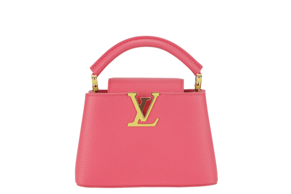 LOUIS VUITTON MINI CAPUCINES (M59440) PINK-LIME TAURILLON LEATHER GOLD HARDWARE MICROCHIP WITH STRAP, DUST COVER AND BOX