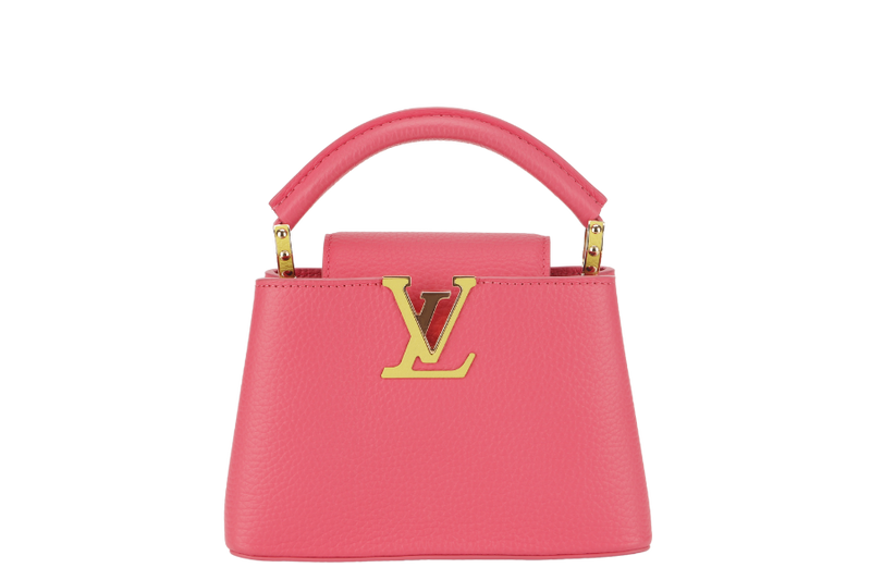 LOUIS VUITTON MINI CAPUCINES (M59440) PINK-LIME TAURILLON LEATHER GOLD HARDWARE MICROCHIP WITH STRAP, DUST COVER AND BOX