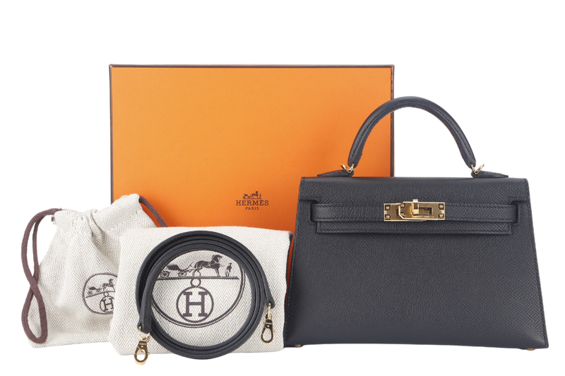 HERMES MINI KELLY (STAMP B) BLACK EPSOM GOLD HARDWARE WITH STRAP, DUST COVER AND BOX