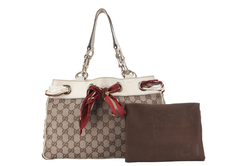 GUCCI POSITANO (162879) WHITE CANVAS TOTE BAG GOLD HARDWARE WITH DUST COVER