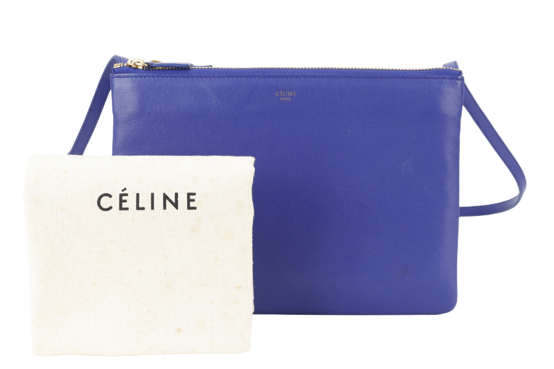CELINE TRIO MESSENGER BAG BLUE CALF LEATHER GOLD HARDWARE WITH DUST COVER