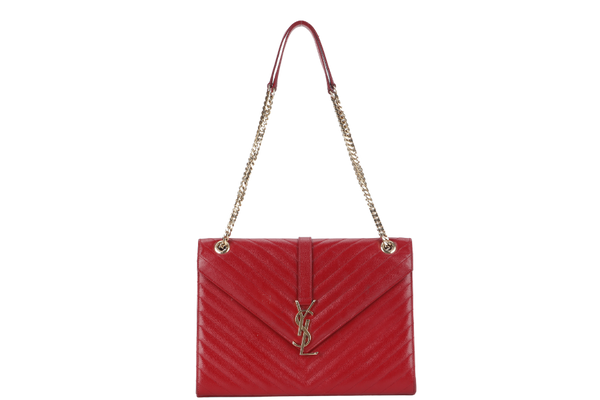 YVES SAINT LAURENT (YSL) LARGE ENVELOPE BAG RED CHEVRON QUILTED LEATHER GOLD HARDWARE NO DUST COVER