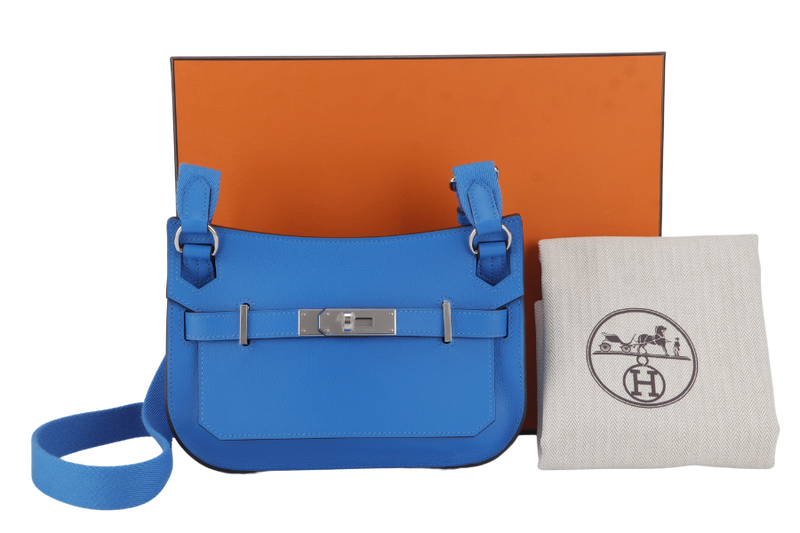 HERMES MINI JYPSIERE STAMP W (YEAR 2024) BLUE HYDRA EVERGRAIN LEATHER SILVER HARDWARE WITH STRAPS, DUST COVER AND BOX