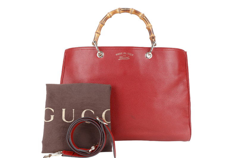 GUCCI RED LARGE BAMBOO SHOPPER LEATHER TOTE BAG GOLD HARDWARE WITH DUST COVER