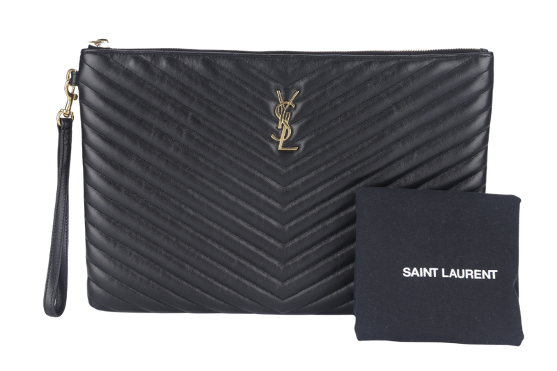 YVES SAINT LAURENT (YSL) QUILTED MATTELASSE BLACK LEATHER CLUTCH (TCT440222 0917) GOLD HARDWARE WITH DUST COVER