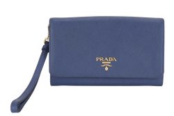 PRADA WRISTLET WALLET DARK BLUE SAFFIANO LEATHER GOLD HARDWARE