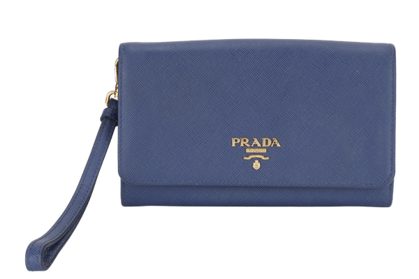 PRADA WRISTLET WALLET DARK BLUE SAFFIANO LEATHER GOLD HARDWARE