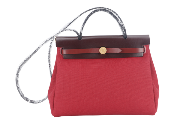 HERMES HERBAG 31 STAMP B (YEAR 2023) ROUGE CANVAS GOLD HARDWARE WITH DUST COVER AND BOX