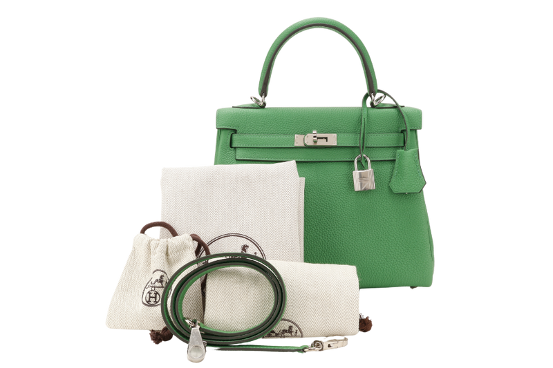 HERMES KELLY 25 STAMP Y (YEAR 2020) BAMBOO TOGO LEATHER SILVER HARDWARE WITH STRAPS, KEYS, LOCK AND DUST COVER