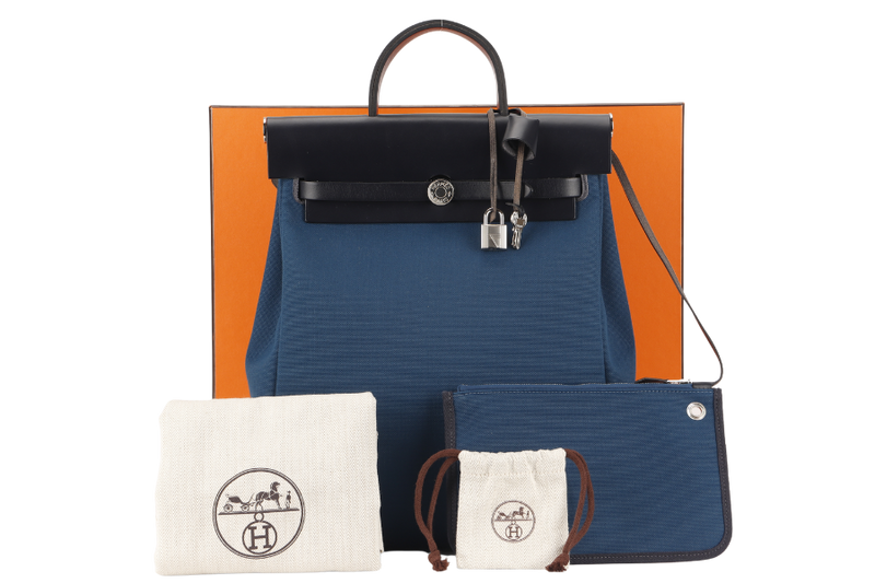 HERMES HERBAG A DOS ZIP RETOURNE TILT STAMP Z (2021) NAVY BLUE TOILE CANVAS & BLACK HUNTER LEATHER PALLADIUM HARDWARE STAMP Z (2021) WITH LOCK&KEYS, POUCH, DUST COVER AND BOX