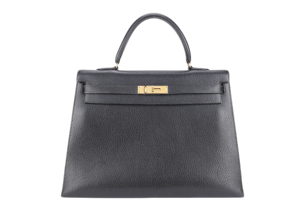 HERMES KELLY SELLIER 35 STAMP T CIRCLE (YEAR 1990) NOIR ARDENNES LEATHER GOLD HARDWARE WITH STRAPS, PADLOCK&KEYS AND DUST COVER