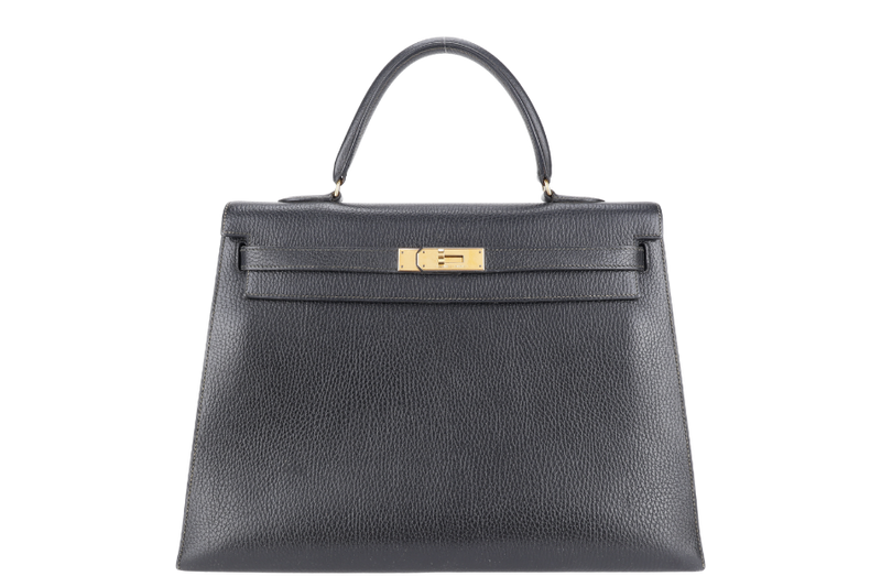 HERMES KELLY SELLIER 35 STAMP T CIRCLE (YEAR 1990) NOIR ARDENNES LEATHER GOLD HARDWARE WITH STRAPS, PADLOCK&KEYS AND DUST COVER