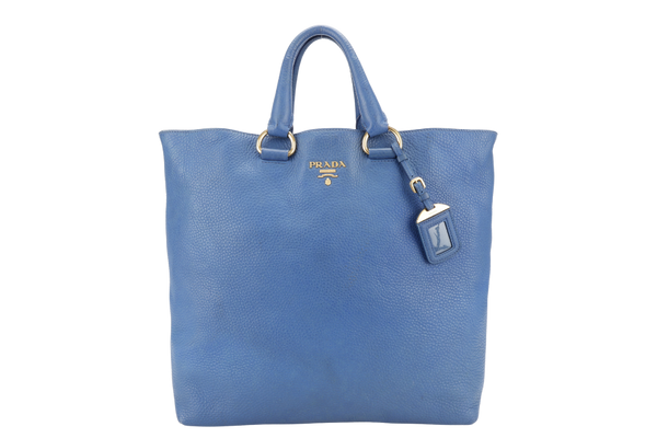 PRADA BN1713 BLUE VITELLO DAINO LEATHER TOTE BAG WITH CARD, STRAPS AND DUST COVER