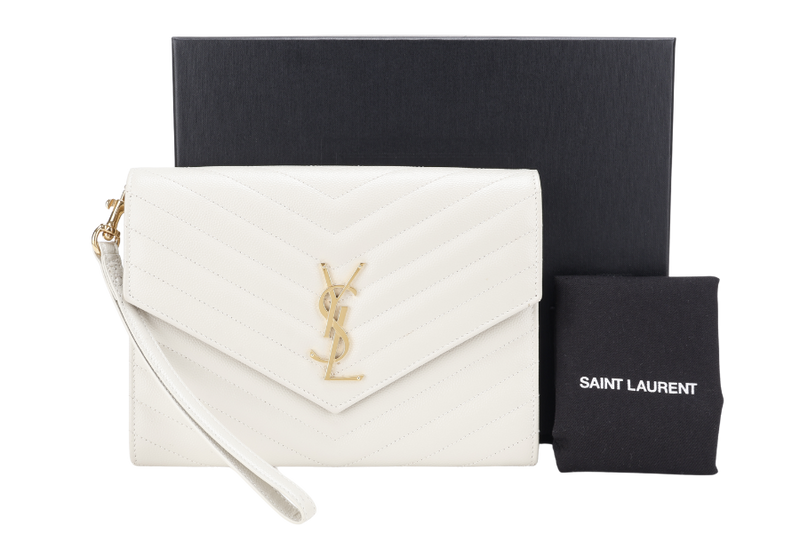 YVES SAINT LAURENT (YSL) CASSANDRE MATELASSE FLAP CLUTCH IN GRAIN DE POUDRE WHITE LEATHER GOLD HARDWARE WITH DUST COVER AND BOX