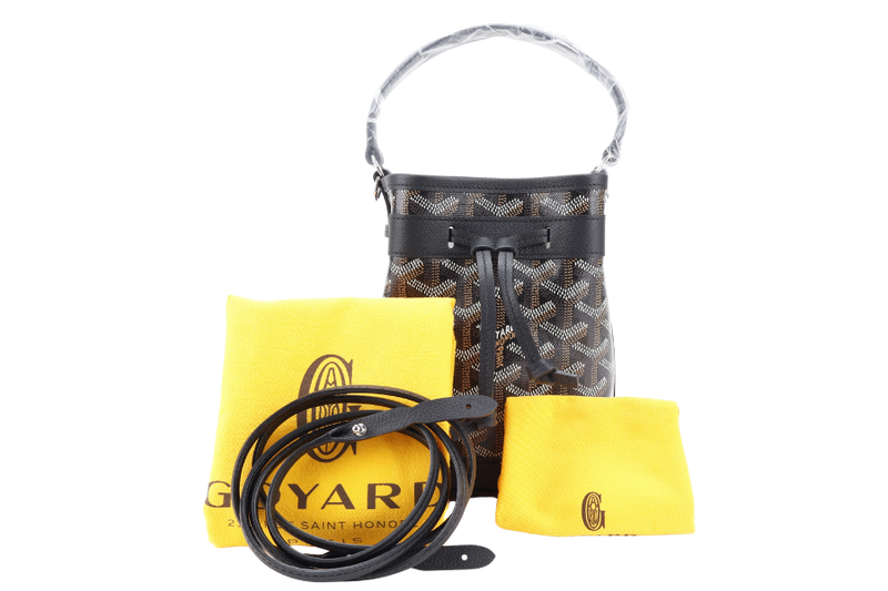 GOYARD PETIT FLOT MINI BUCKET BLACK SILVER HARDWARE WITH STRAPS AND DUST COVER