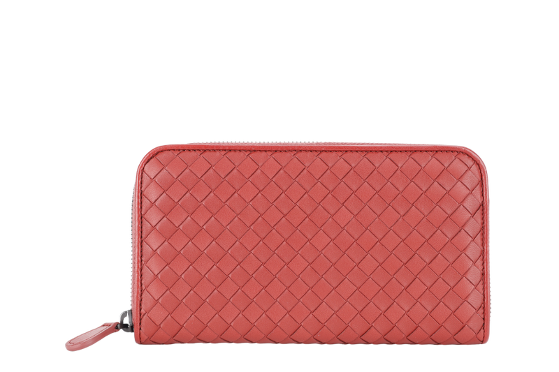 BOTTEGA VENETA INTRECCIATO RED ZIP AROUND WALLET B06817611U WITH DUST COVER AND BOX