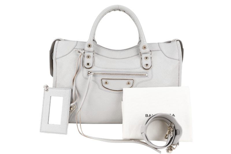 BALENCIAGA CITY EDGE LIGHT GREY LEATHER GOLD HARDWARE WITH STRAPS AND DUST COVER