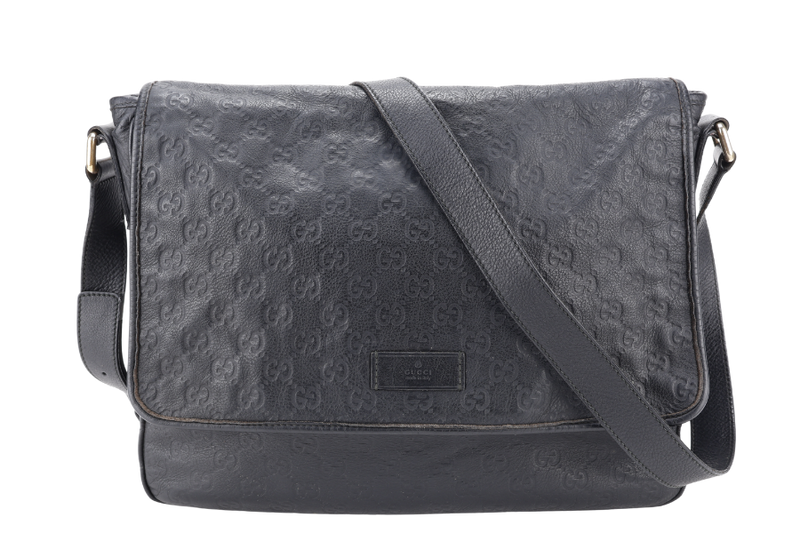 GUCCI BLACK GUCCISSIMA LEATHER MESSENGER BAG WITH GOLD TONE HARDWARE NO DUST COVER