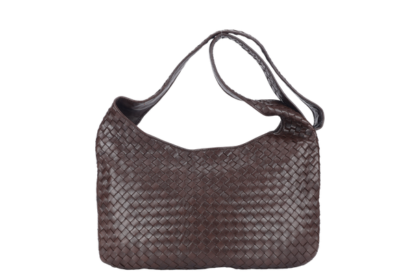 BOTTEGA VENETA INTRECCIATO SHOULDER BAG BROWN LEATHER SILVER HARDWARE NO DUST COVER