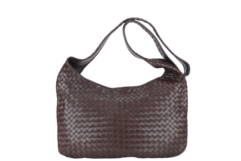 BOTTEGA VENETA INTRECCIATO SHOULDER BAG BROWN LEATHER SILVER HARDWARE NO DUST COVER