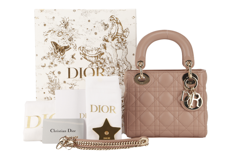 CHRISTIAN DIOR LADY DIOR MINI (01RU1211) LIGHT PINK LAMBSKIN GOLD HARDWARE WITH STRAP, DUST COVER AND BOX