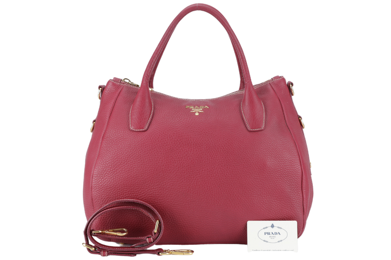 PRADA 2WAY TOTE (BN2318) FUCHSIA VITELLO DAINO LEATHER GOLD HARDWARE WITH STRAPS AND CARD