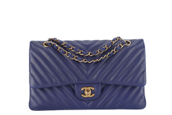 CHANEL CLASSIC FLAP CHEVRON (2117xxxx) DARK BLUE LAMBSKIN GOLD HARDWARE MEDIUM SIZE WITH CARD AND DUST COVER