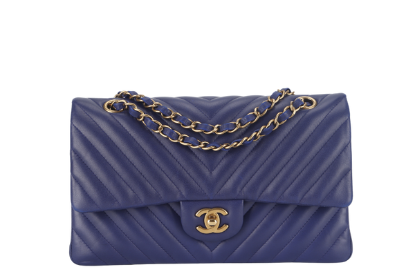 CHANEL CLASSIC FLAP CHEVRON (2117xxxx) DARK BLUE LAMBSKIN GOLD HARDWARE MEDIUM SIZE WITH CARD AND DUST COVER