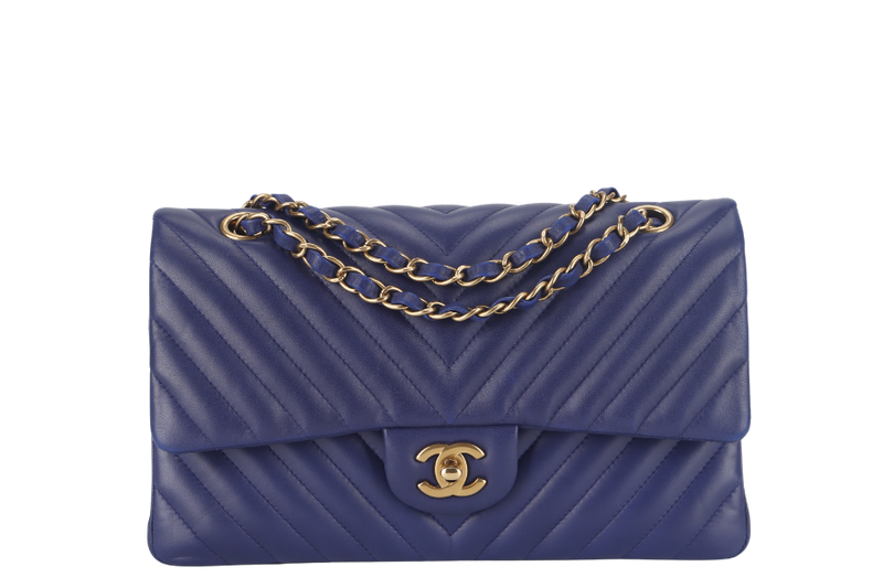 CHANEL CLASSIC FLAP CHEVRON (2117xxxx) DARK BLUE LAMBSKIN GOLD HARDWARE MEDIUM SIZE WITH CARD AND DUST COVER