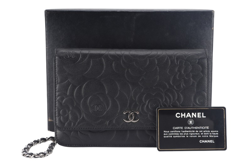 CHANEL CAMELLIA W.O.C (1609xxxx) BLACK EMBOSSED LAMBSKIN SILVER HARDWARE  WITH CARD AND BOX